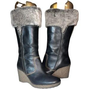 Timberland Monogram Tall pull on Boots Black Leather faux fur Woman's size 8.5